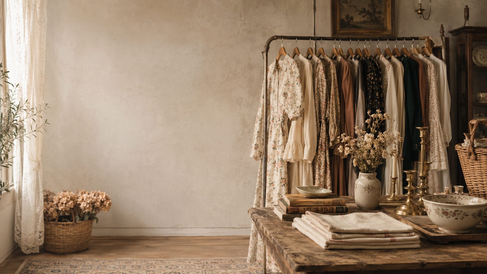 A rack of vintage dresses beside a table of ironstone, brass candlesticks and dried flowers
